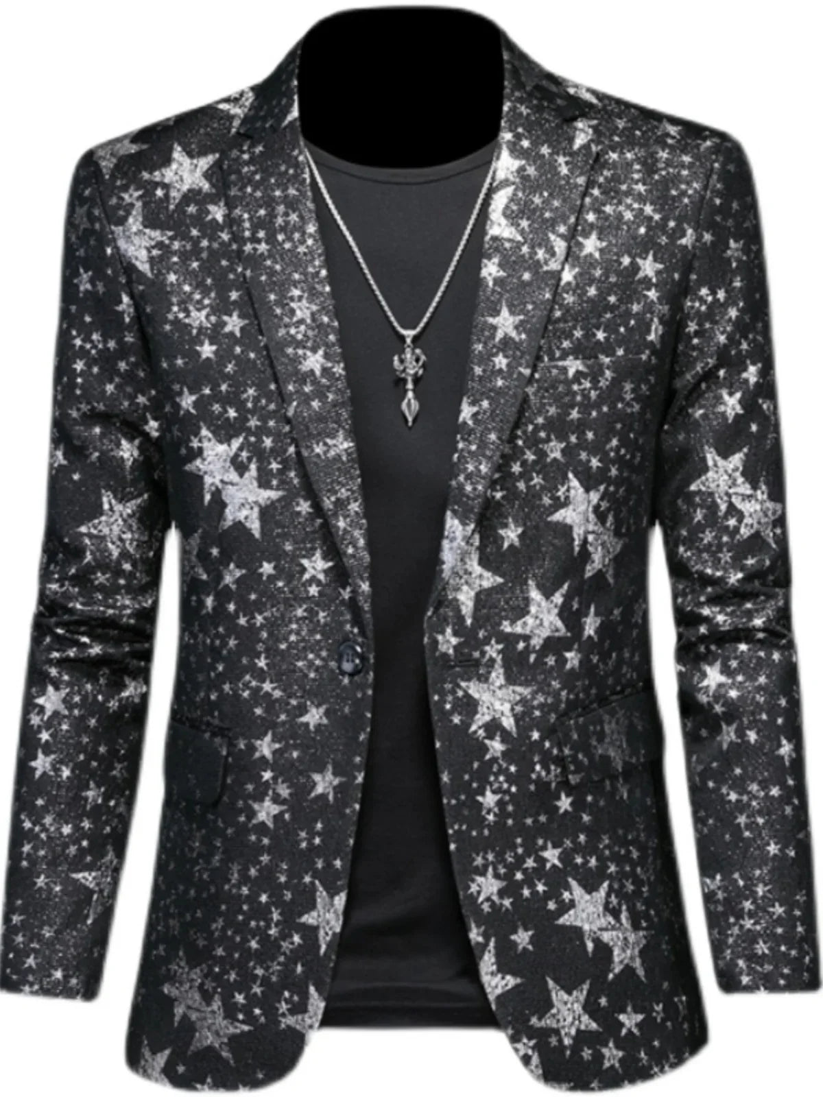 Men's Jacquard Blazer Star Print Slim Fit Tuxedo for Stage and Party