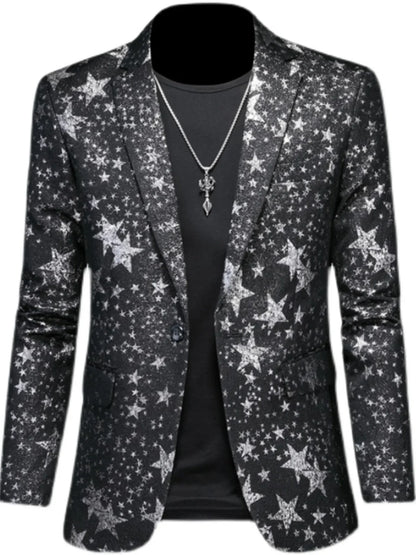 Men's Jacquard Blazer Star Print Slim Fit Tuxedo for Stage and Party