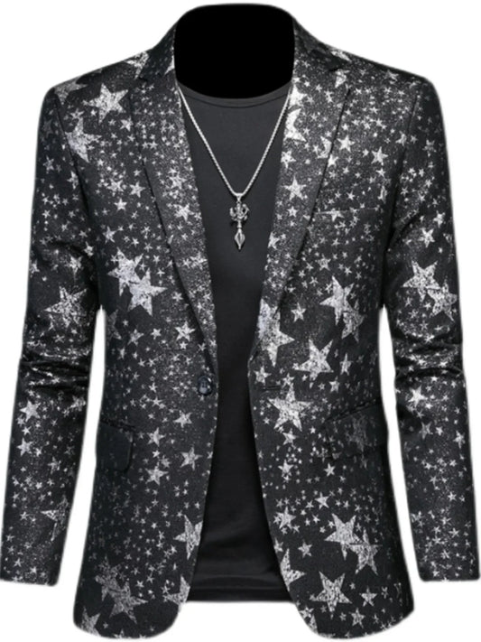 Men's Jacquard Blazer Star Print Slim Fit Tuxedo for Stage and Party