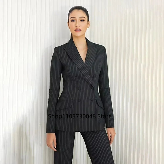 Black Striped Women's 2 Pieces Suit Lady Business Office Pant Suits Slim Fit Peak Lapel Jacket Formal Womens Tuxedo Casual Suits