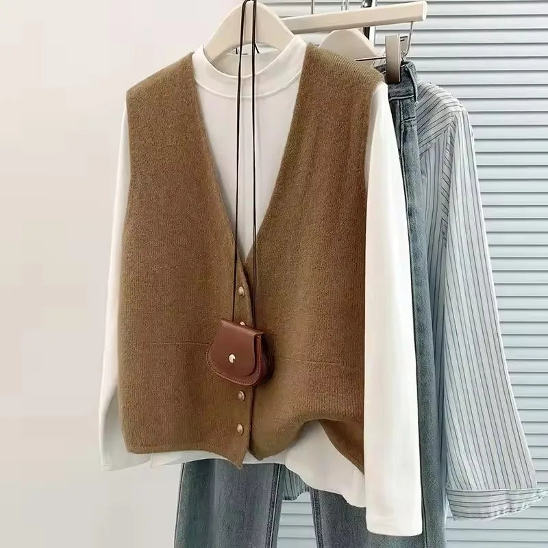 Women's Soft Knitted Vest  Women Casual Button Deep V-Neck Sleeveless Autumn  Pullover Simple Tank Tops Loose Knitwear  Tops