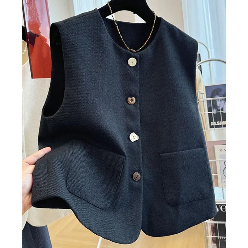 French Femme High End Waistcoat Tops Outwear Women Fashion Round Neck Sleeveless Jacket Spring Autumn Lady Solid Color Vest Coat