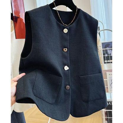 French Femme High End Waistcoat Tops Outwear Women Fashion Round Neck Sleeveless Jacket Spring Autumn Lady Solid Color Vest Coat