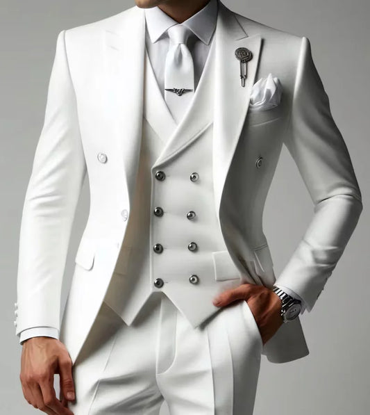 Elegant White Men Wedding Suit 3 Pieces Double Breasted Blazer Vest Pants Set Formal Business Prom Groom Outfit Customized