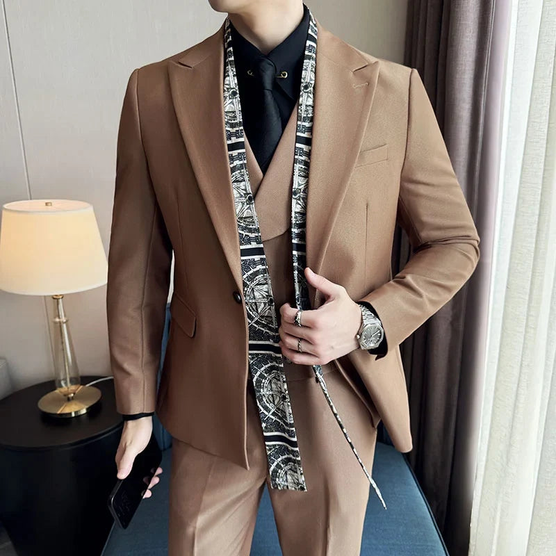 Scarf With Design Double Collar Suit Men's Business Casual Groom Wedding Slim Fit Suit Tuxedo 3-piece Set (Jacket+Vest+Pant)