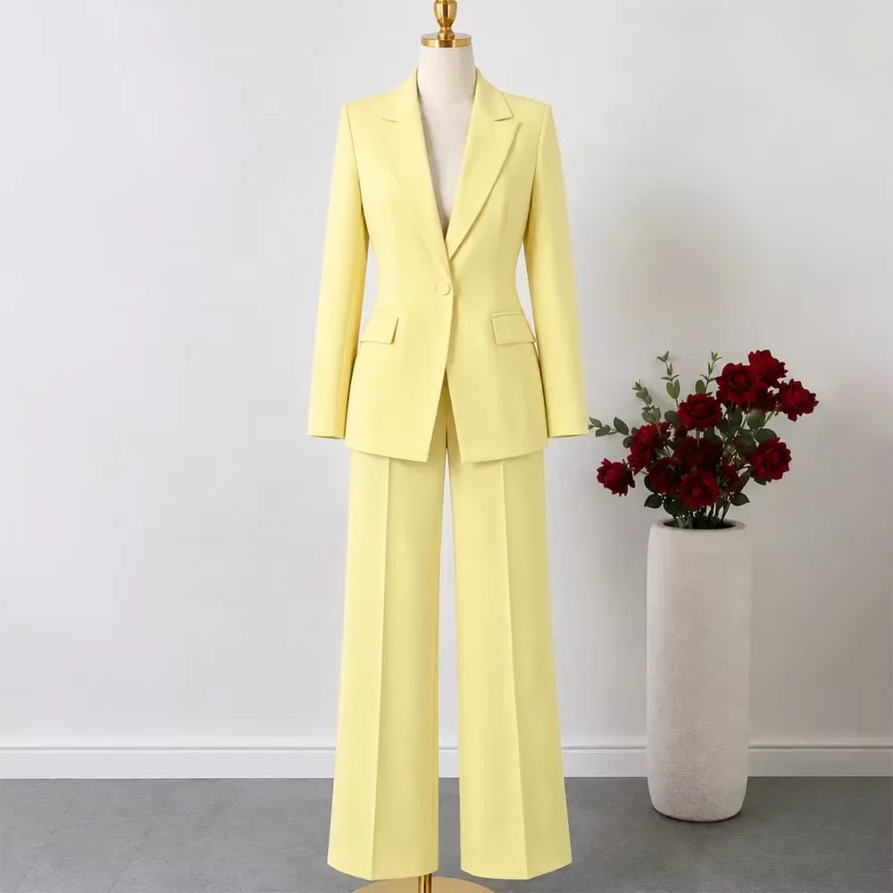 Lemon Yellow Women Suits 2 Piece Jacket Pants Sets Single Button Business Fashion Party Blazer Wide Leg Trouser Customized