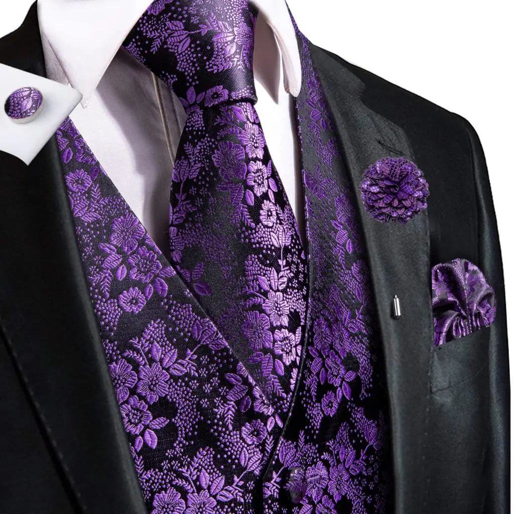 Men's Jacquard Waistcoat Suit Vest with Tie Hanky Cufflinks Brooch Set for Weddings and Business Events
