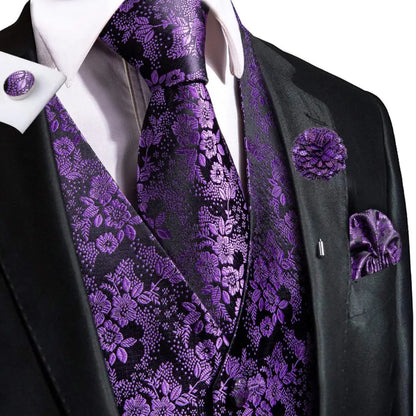 Men's Jacquard Waistcoat Suit Vest with Tie Hanky Cufflinks Brooch Set for Weddings and Business Events