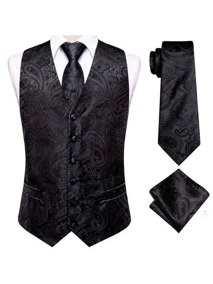 Men's Double Breasted Suit Vest Jacquard Waistcoat with Necktie and Pocket Square for Formal Occasions – Black Paisley