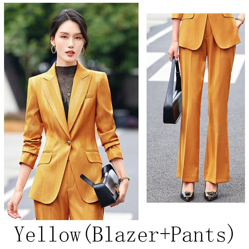 Women Blazer Pants Sets Yellow Two Pieces 2024 Autumn Workwear Trousers Formal Striped Navy Blue Long Sleeve Tops Pantsuit