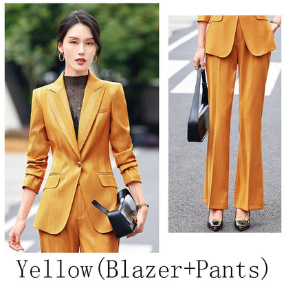 Women Blazer Pants Sets Yellow Two Pieces 2024 Autumn Workwear Trousers Formal Striped Navy Blue Long Sleeve Tops Pantsuit