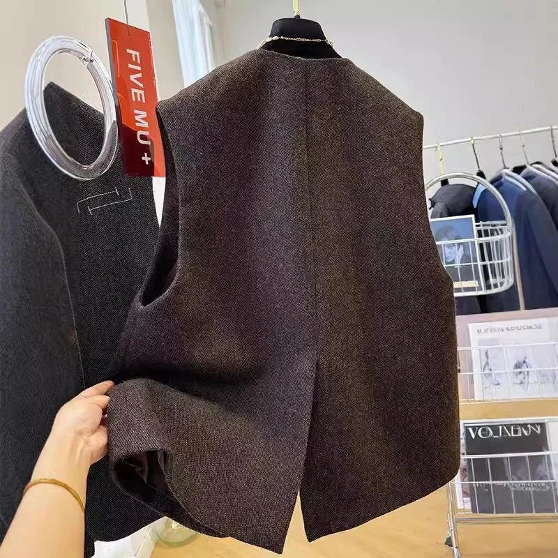Spring Autumn Lady Fashion Sleeveless Jacket Women High End Casual Vest Outwear Korean Female Round Neck Cardigan Waistcoat Coat