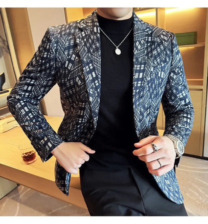 Korean Slim Fit Casual Suit Jacket for Men Fashion Camouflage Business Social Blazers Wedding Streetwear Dress Coat Men Clothing