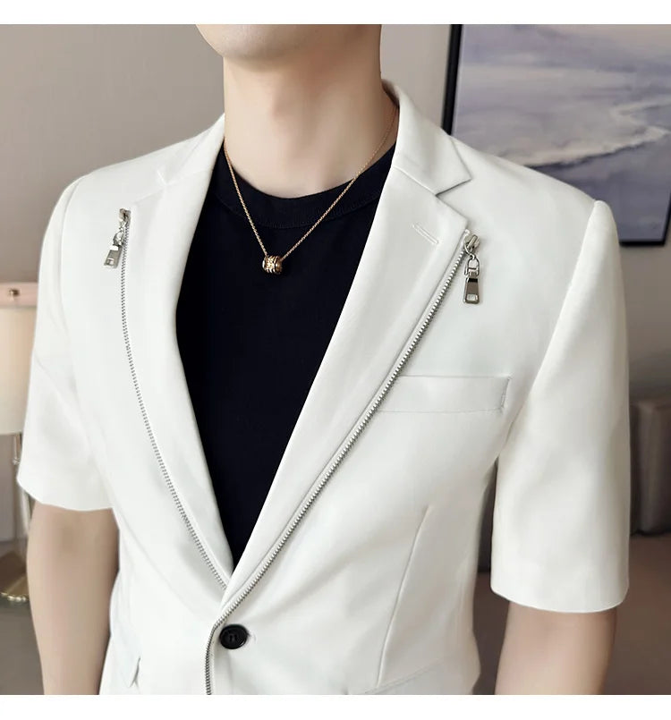 2023 Summer Zipper Decoration Blazers Men Casual Business Suit Jacket Slim Fit 3/4 Sleeve Streetwear Social Jacket Men Clothing