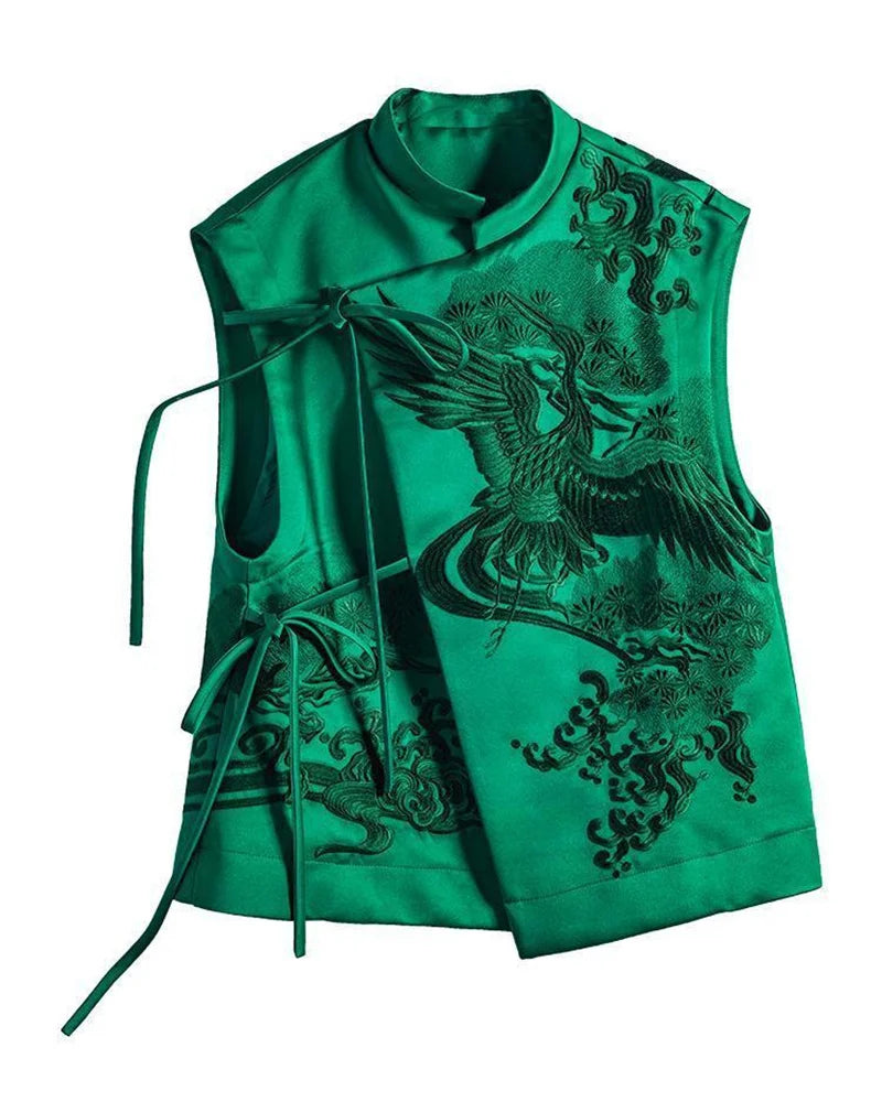 2026 Spring Summer Vintage Embroidery Green Lace Chinese Vest Jacket Chinese Style Waistcoats Outerwear Female Sleeveless Jacket