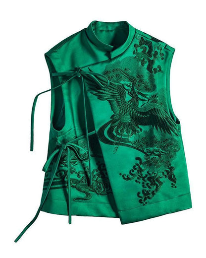 2026 Spring Summer Vintage Embroidery Green Lace Chinese Vest Jacket Chinese Style Waistcoats Outerwear Female Sleeveless Jacket