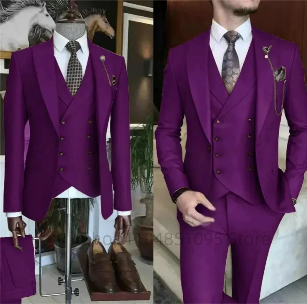 Fashion New Men's Formal Business/Wedding Groom Suits Solid 3 Pieces Men Suits Peak Lapel Single Breasted Blazer Vest Trousers