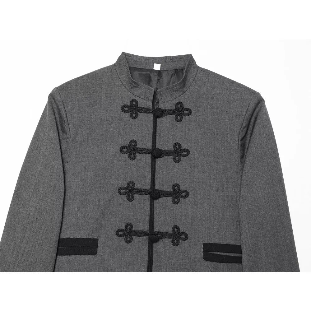 Elegant Chic Frog Fastening Blazers for Women Long Sleeve High Round Neck Blazer with Contrasting Frog Clasp & Cuffs and Pockets