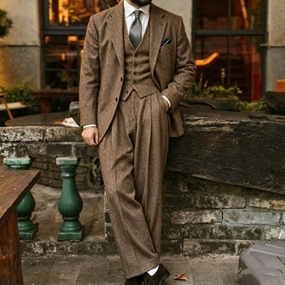 Retro Men's 3 Pieces Tweed Herringbone Suit Slim Fit Peak Lapel Wool Blend Dress Tuxedos For Wedding Groom (Blazer+Vest+Pants)