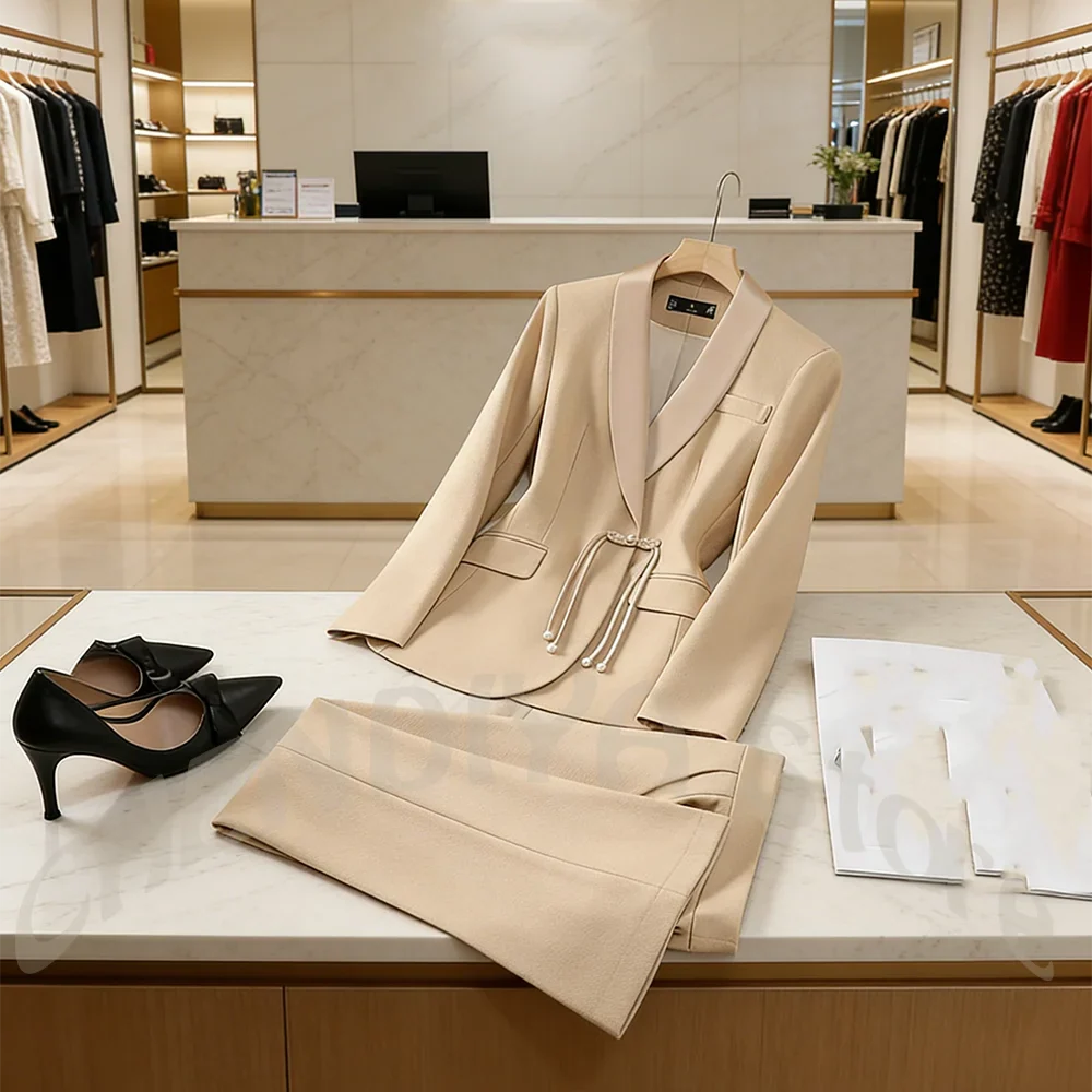 Modern Style Luxury Suits For Women Shawl Lapel Single Button Coil Buckle Luxury Outfit 2 Piece Evening Party Event Female Set