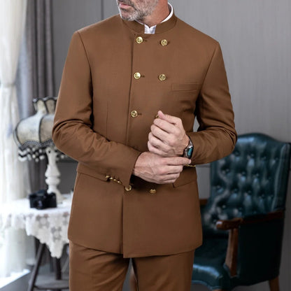 Men Suit 2 Piece Light Brown Double Button Hight Neck For Wedding Groom Business Party Prom Banquet Work Office Jacket Pants