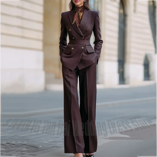 Customized Straight Women's Suits Two Pieces Classic Double Breasted Solid Color High Street Business Casual Office Suit Set