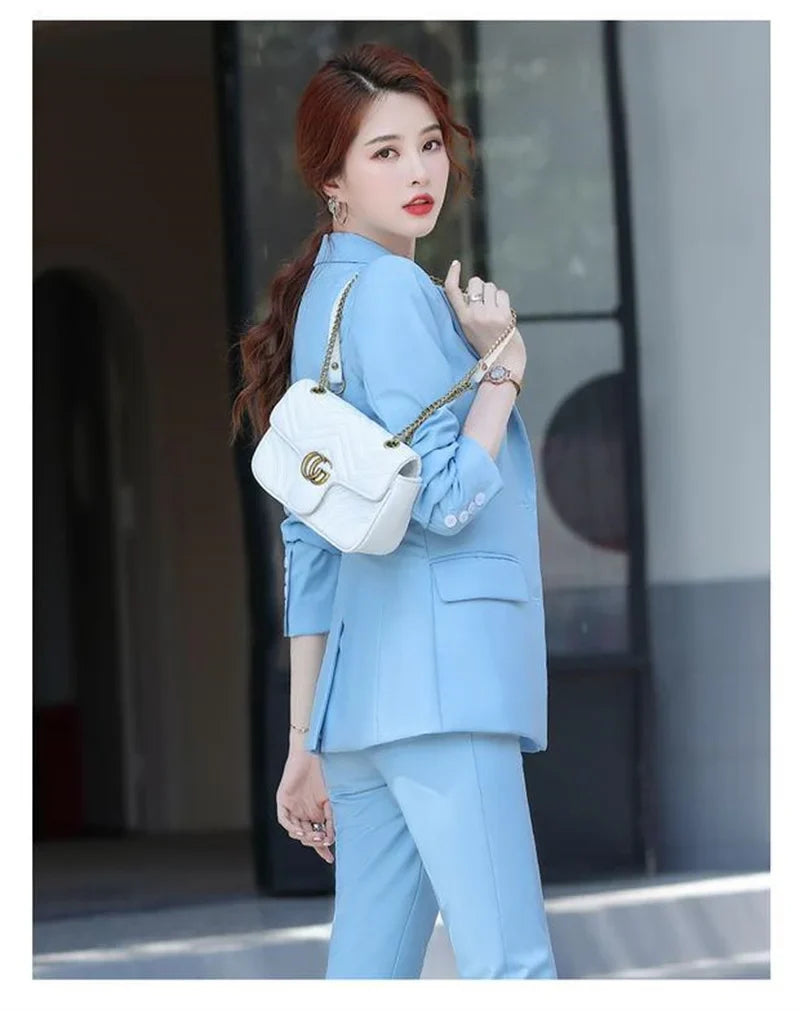 Lady Solid Lapel Blazer Suit Full Sleeve V-neck Single Breasted Straight Leg Pants Suits 2026 Fashion New Office Commute Outfit
