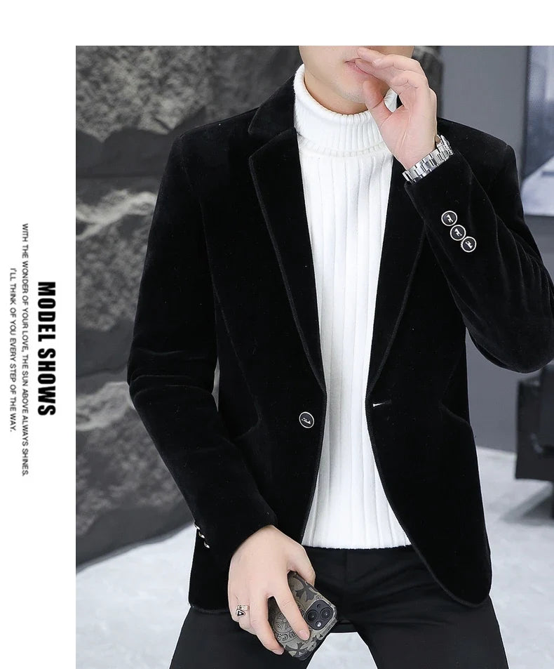 Blazer Autumn/Winter Golden Sable Velvet and Cotton Thickened Thermal Small Suit Fashion Business Men's Slim Blazer