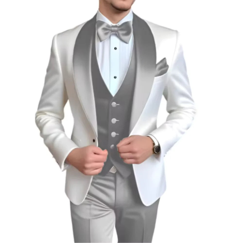 Solid Color Slim Fit Men's Tuxedo 3-Piece Set Fashion Business Wedding Suit with Shawl Lapel Blazer Vest Pants for Groom Party