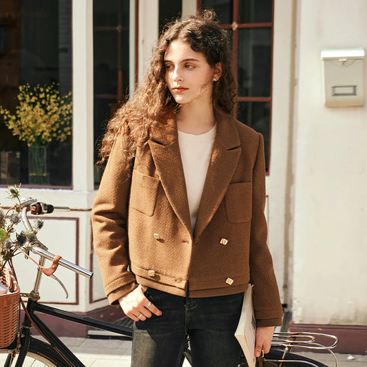 Women 2026 New Autumn Caramel Brown Woolen Jacket Lapel Collar Cropped Short Fit Vintage Elegant Casual Coat G23DW86016