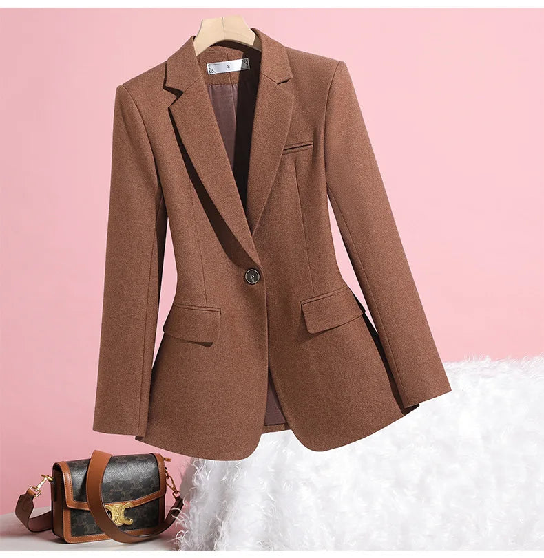 Elegant Solid Women's Blazer Long Sleeve Turn down Collar Slim Fit Office Jacket Single Button Spring Autumn Fashion