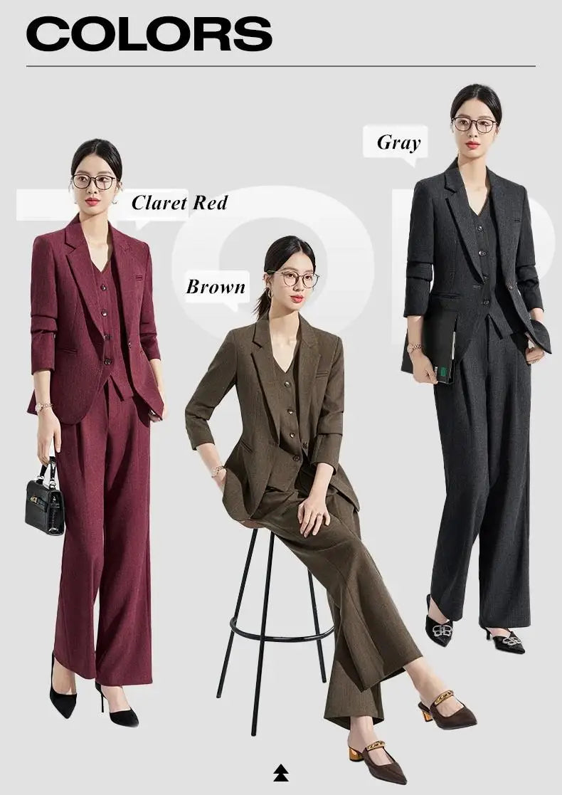 Formal Office Lady Slim Fit 2 Piece Suits Autumn Dark Brown Single Button Blazer And Pants Elegant Business Female Work Wear