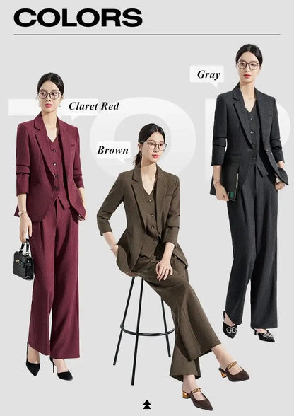 Formal Office Lady Slim Fit 2 Piece Suits Autumn Dark Brown Single Button Blazer And Pants Elegant Business Female Work Wear