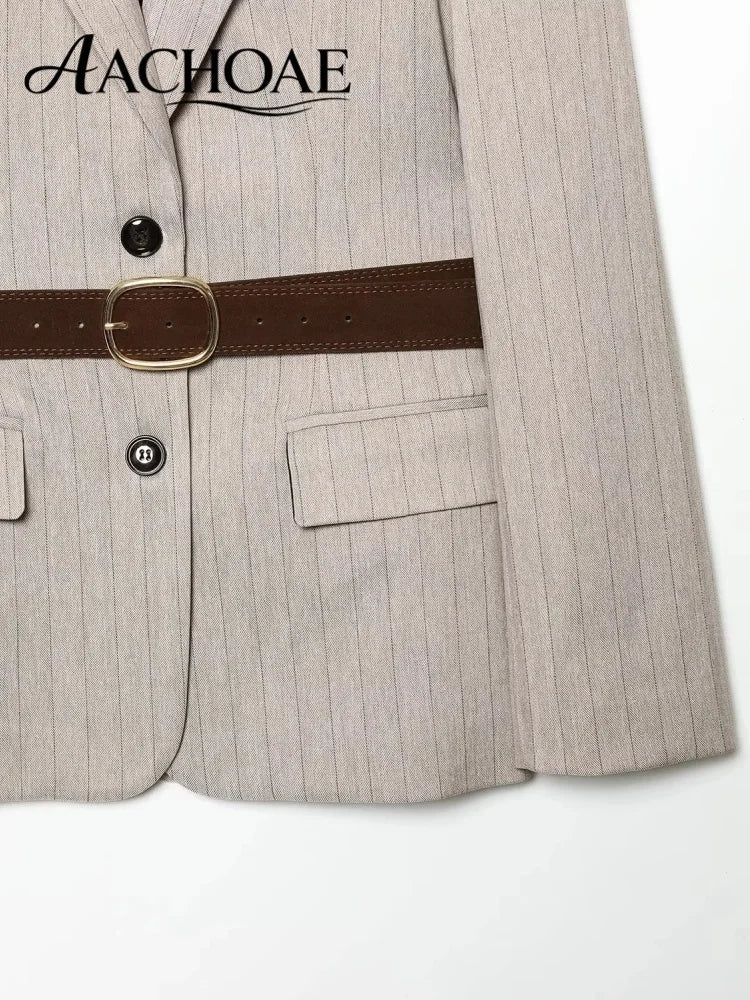 Women's Belted Stripe Blazer Jacket Structured Slim Suit Coat  Office Chic Long Sleeve Tailored Waist Belt Jacket Women