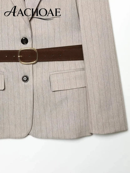 Women's Belted Stripe Blazer Jacket Structured Slim Suit Coat  Office Chic Long Sleeve Tailored Waist Belt Jacket Women