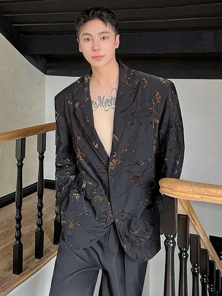 Jacquard Design Casual Suit Jacket High Street Personalized Stylish Loose Blazers Coat Elegant Korean Men Clothing LZ5013