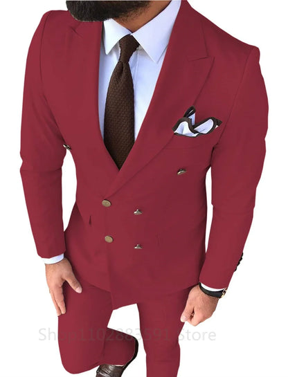 New Solid Men's Suit 2 Pieces Double-breasted Peak Lapel Slim Fit Casual Tuxedos For Wedding/Business 2 Piece Blazer+Pant