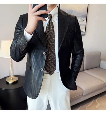 Korean Waffle Leather Suit Jacket Men's Business Casual PU Leather Blazer Slim Fit Wedding Groom Office Social Formal Coats 2026