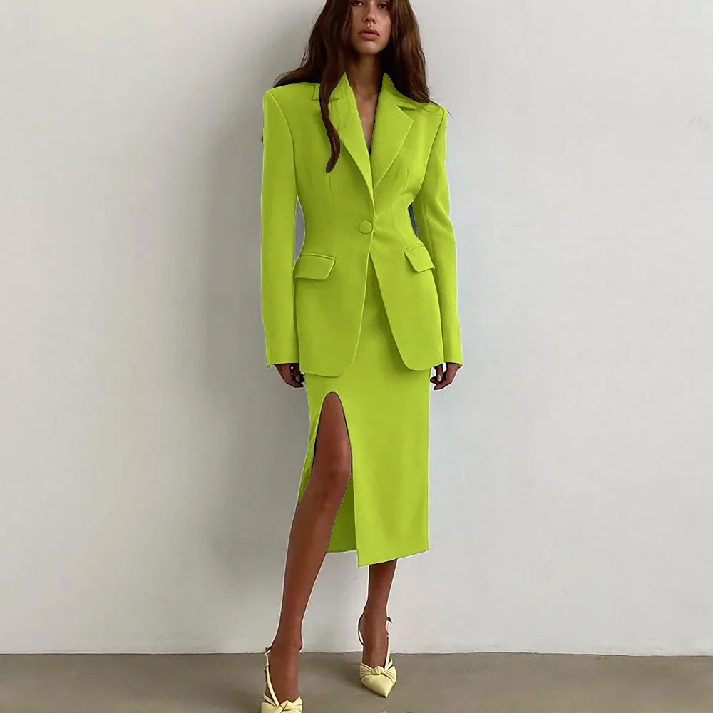 Professional Women's Single Button Notch Lapel Blazer Suit Side Slit Midi Skirt Set Elegant Party Office Fashion 2Piece Outfit