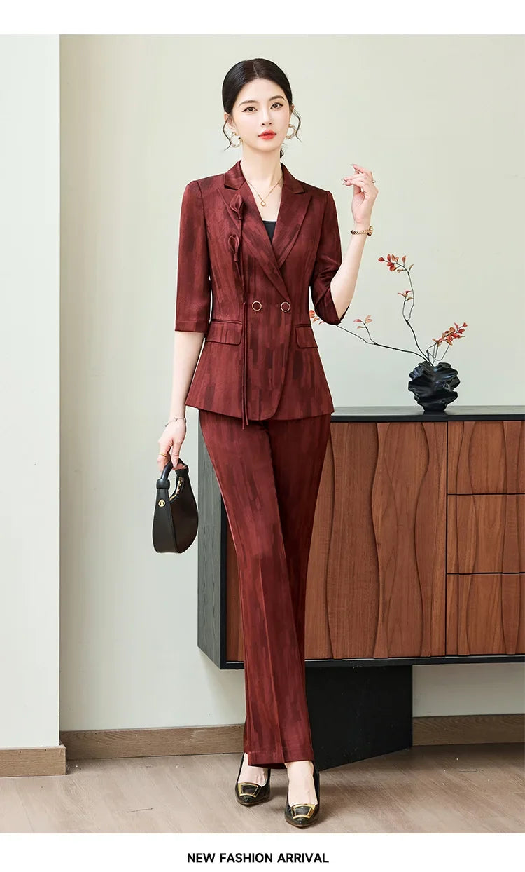 Spring Ladies Pant Suit Women Pink Wine Red Female Business Work Wear Half Sleeve Jacket and Trouser Formal 2 Piece Set Blazer