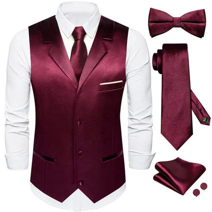 Men's Satin Waistcoat 5-Piece Set with Rose Gold Lapel – Vest, Necktie, Bow Tie, Pocket Square & Cufflinks