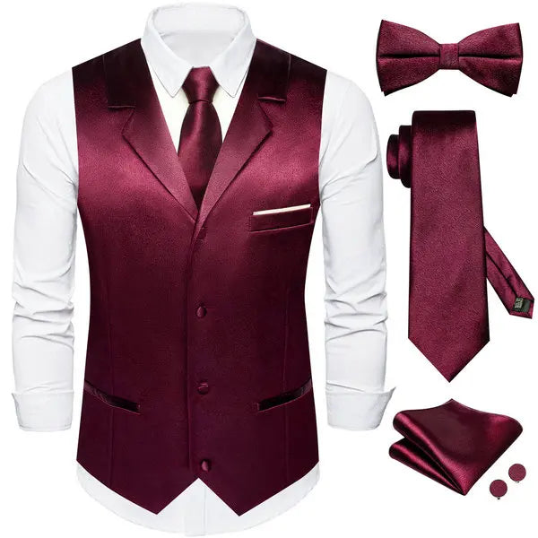 Men's Satin Waistcoat 5-Piece Set with Rose Gold Lapel – Vest, Necktie, Bow Tie, Pocket Square & Cufflinks