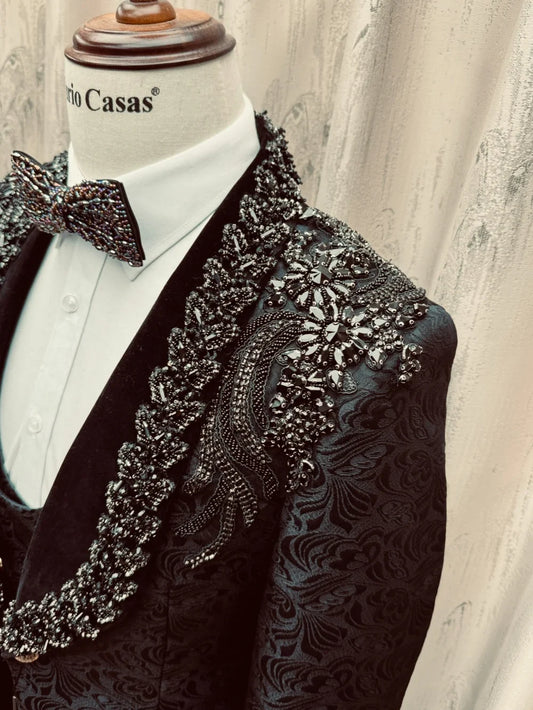 Jacquard Luxury Beaded Suit Set 3 Pieces Black Elegant Shawl Lapel Suits Wedding Groom Sets Plus Size Handsome Tuxedo For Party