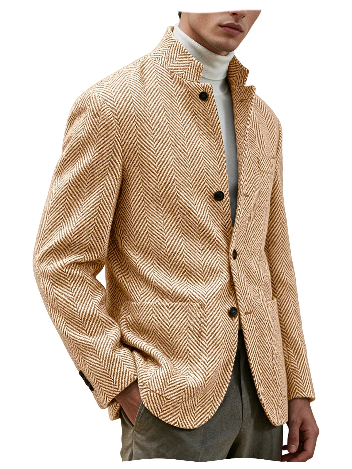 Men's Herringbone Tweed Stand Collar Blazer  Notch Lapel Slim Fit Wool Blend Sport Coat Business Casual Wedding Prom Man Jackets