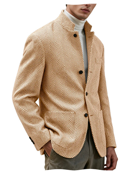 Men's Herringbone Tweed Stand Collar Blazer  Notch Lapel Slim Fit Wool Blend Sport Coat Business Casual Wedding Prom Man Jackets