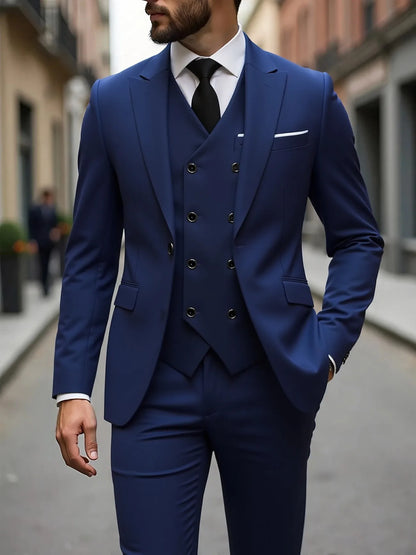 Solid Business Mens Suits Wedding Tuxedos Fashion Groom Outfit Slim Fit Peaked Lapel Prom Party Mens Suits(Jacket+Vest+Pants)