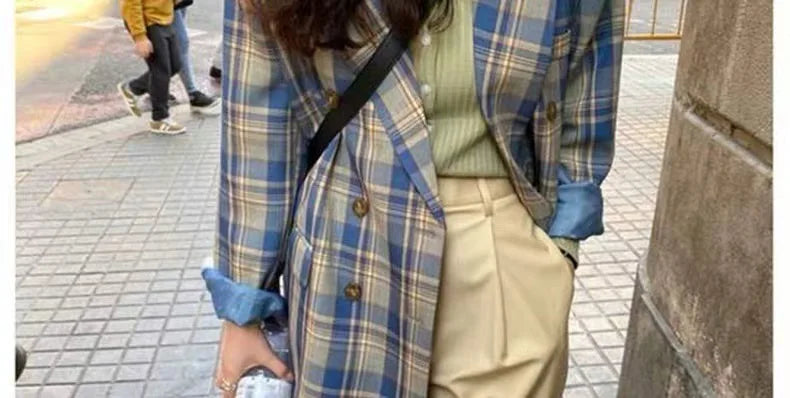 Spring Autumn 2024 British Style Women's Long Sleeve Loose Casual Plaid Jacket Elegant Outerwear Top Trendy Commute Wind
