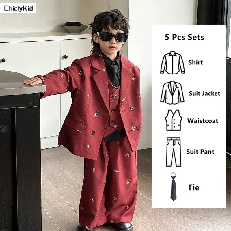 Boys Loose Blazer Jacket Waistcoat Pants Clothes Sets Kids Formal Dress  Suits Casual Child Toddler Party Butterfly Leisure Suit