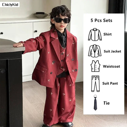 Boys Loose Blazer Jacket Waistcoat Pants Clothes Sets Kids Formal Dress  Suits Casual Child Toddler Party Butterfly Leisure Suit
