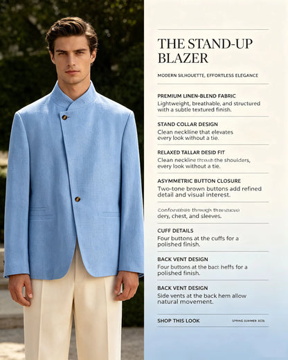  Mandarin Collar Men‘s Blazer Linen Blend Chinese Stand Collar Men Jacket Asymmetric Button Breathable Men Coat Wedding Party